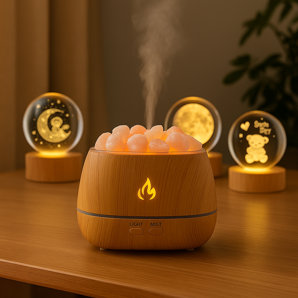 Humidificador Ultrasónico con Piedras de Sal – Efecto Fogata LED Relajante