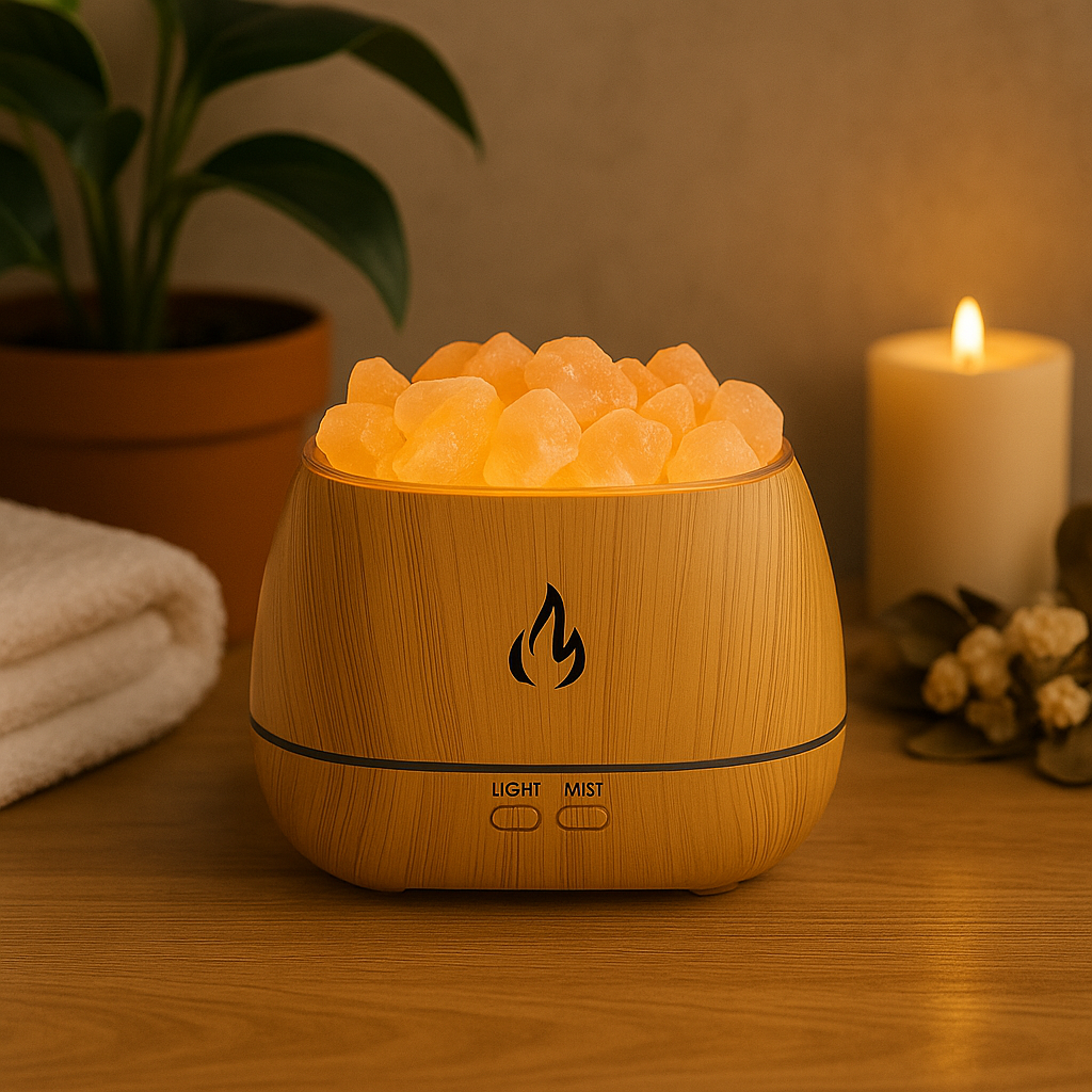 Humidificador Ultrasónico con Piedras de Sal – Efecto Fogata LED Relajante