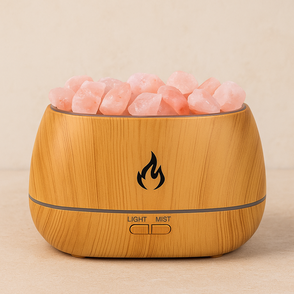 Humidificador Ultrasónico con Piedras de Sal – Efecto Fogata LED Relajante