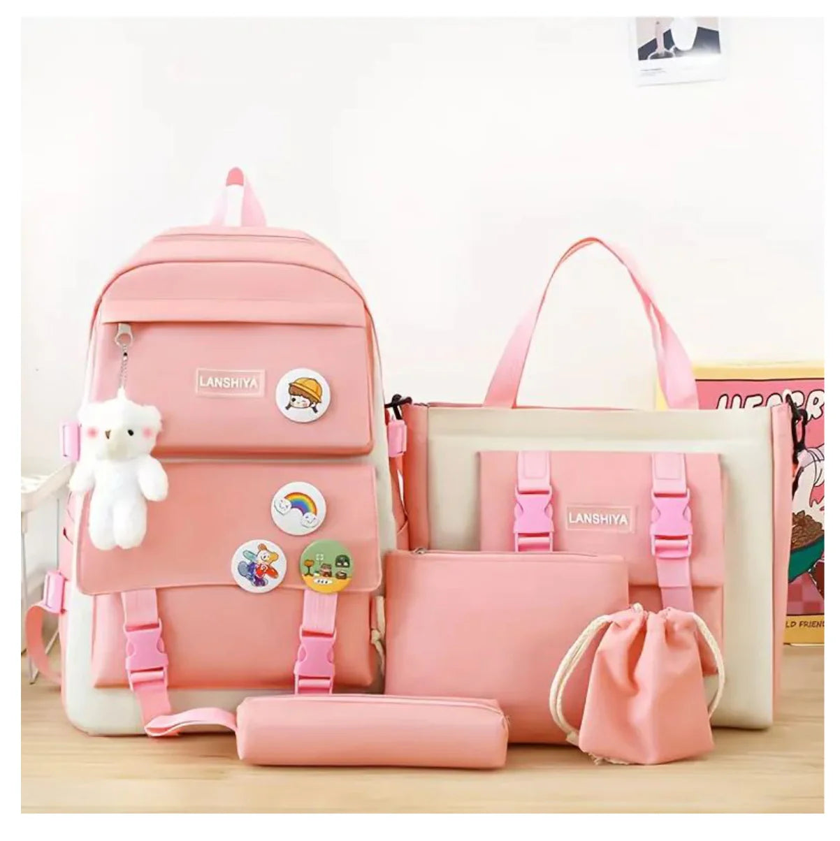 Kit Mochila Escolar 5 en 1 con Bolso de Mano y Estuche
